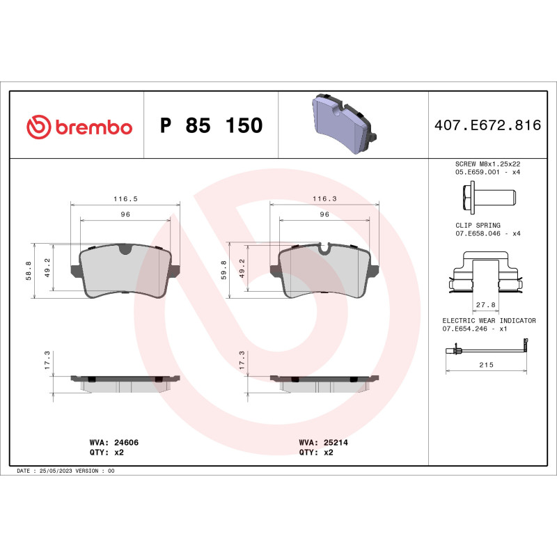 BREMBO P 85 150 Brake Pads Set Rear for A6 A7 Macan A4 A5