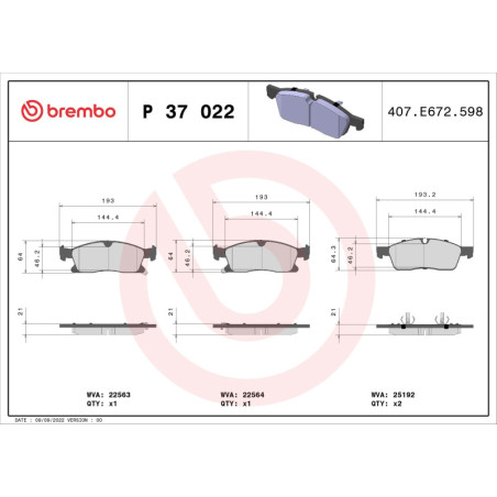 BREMBO P 37 022 Plaquettes de frein avant pour