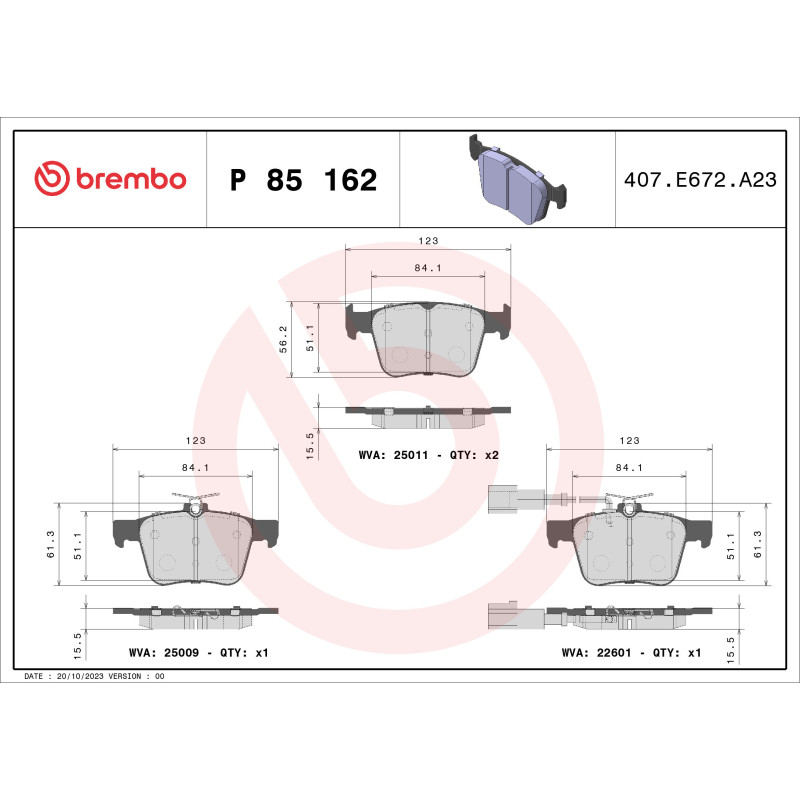 BREMBO P 85 162 Brake Pads Set Rear for A3 Ateca TT Q3