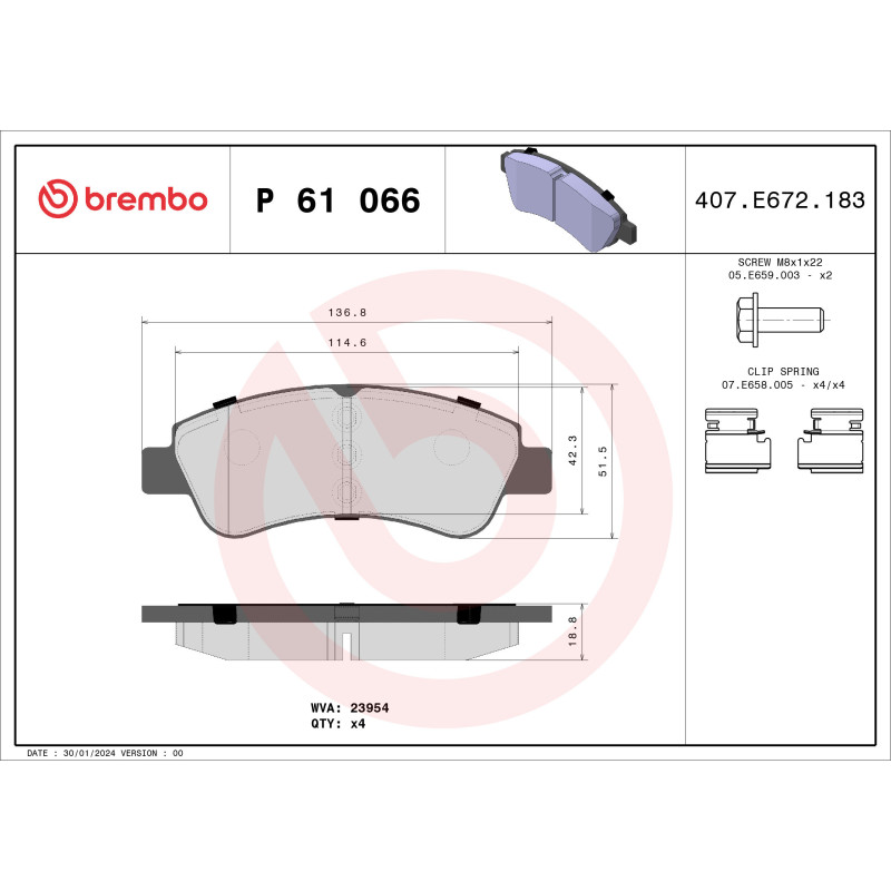 BREMBO P 61 066X Brzdové destičky přední pro Partner C3 Aircross Picasso 208 Berlingo Xsara Picasso