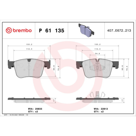 BREMBO P 61 135 Brake Pads Set Front for Combo 3008 508 Berlingo DS7 5008 C4 Spacetourer Partner