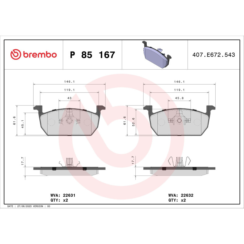 BREMBO P 85 167 Brake Pads Set Front for Leon Ibiza Polo A1 Kamiq Arona Scala Fabia T-Cross Taigo