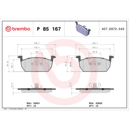 BREMBO P 85 167 Brzdové platničky predné pre Leon Ibiza Polo A1 Kamiq Arona Scala Fabia T-Cross