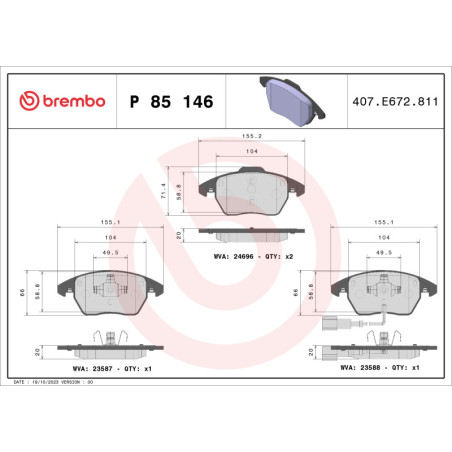BREMBO P 85 146X Brake Pads Set Front for Passat Golf Jetta A3 Caddy Touran Beetle Superb Altea CC