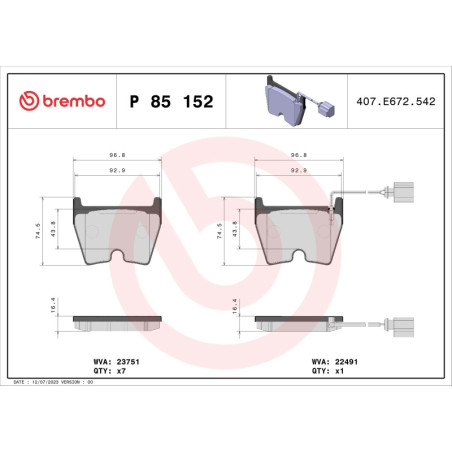 BREMBO P 85 152X Brzdové destičky přední pro Audi TT A3 Q3