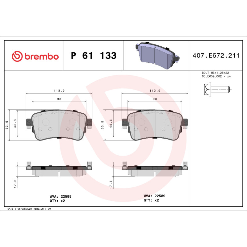BREMBO P 61 133 Brake Pads Set Rear for Vivaro Proace Verso Expert JUMPY Spacetourer Traveller Scudo