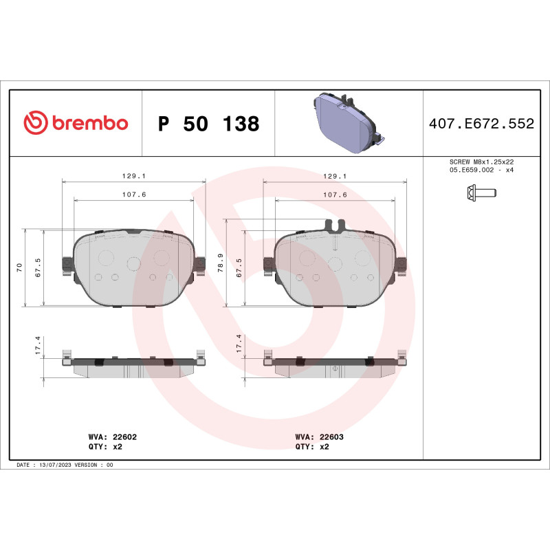 BREMBO P 50 138 Pastiglie freno posteriore per Mercedes E GLC CLS EQC