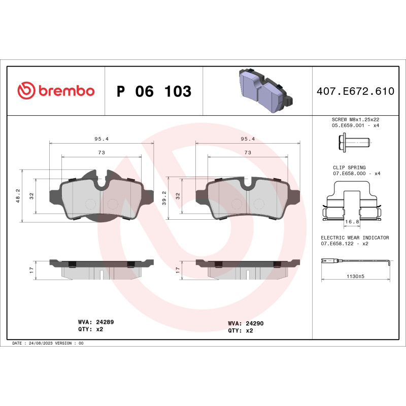 BREMBO P 06 103 Brake Pads Set Rear for Hatchback Clubman Convertible