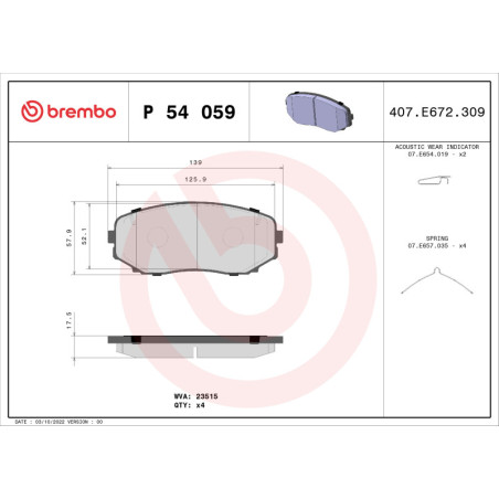 BREMBO P 54 059 Klocki hamulcowe przód dla CX-5 CX-7 CX-9 Pajero Sport Edge MPV L 200
