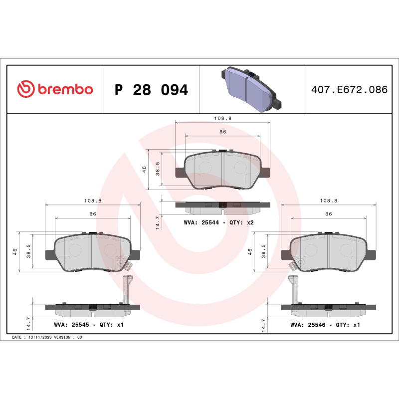 BREMBO P 28 094 Bremsbeläge Hinten für Elysion Stream Odyssey
