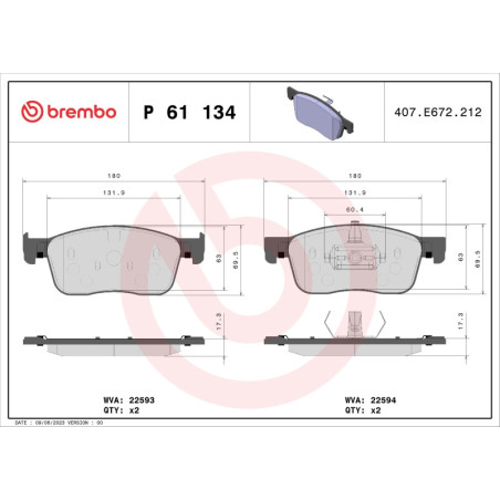 BREMBO P 61 134 Brake Pads Set Front for Vivaro Proace Verso Expert JUMPY Spacetourer Traveller